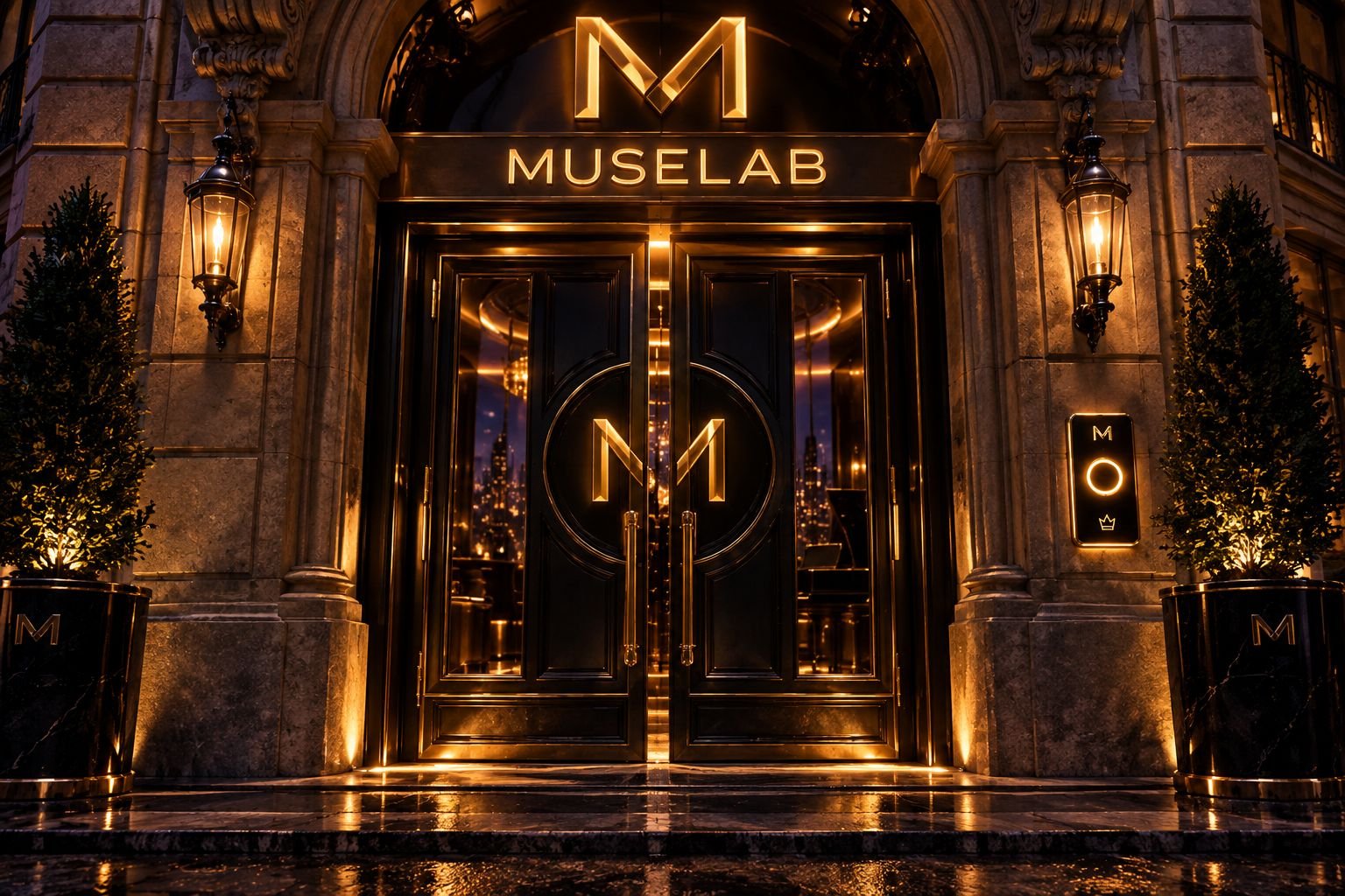 Façade MUSELAB, double porte dorée éclairée de nuit